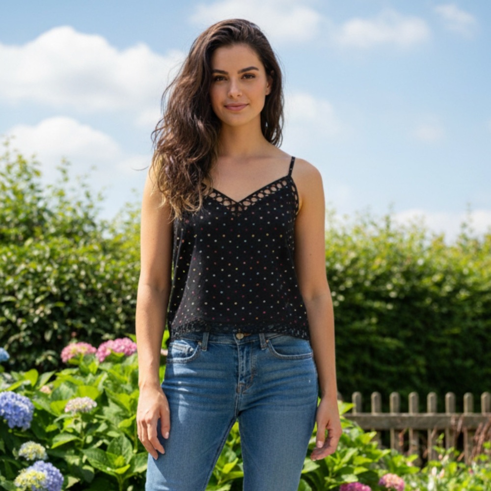 GB Cenere Black 100% Cotton Cropped Tank Colorful Polka Dot Size Large